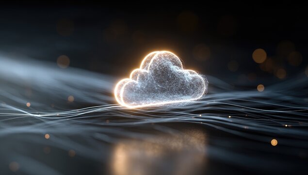 Glowing cloud icon rests on a dark, undulating, particle-filled surface;  a digital representation of cloud computing or data storage