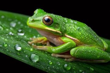 Fototapeta premium Green tree frog resting on a wet leaf in the rainforest
