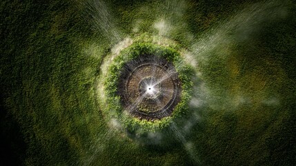 Aerial view of a vibrant irrigation system spraying water across a circular patch of green grass.
