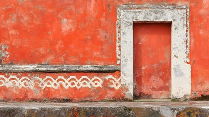 Ancient Red Wall with Recessed Door and Ornate Detailing