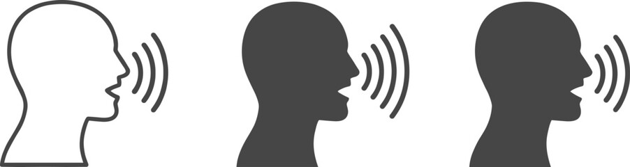Three profile icons of heads with sound waves indicating speech or sound emission talking speaking