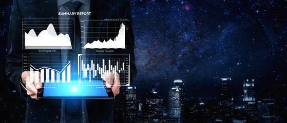 A businessman holds a tablet displaying various data reports and graphs in a futuristic urban setting, highlighting the importance of data-driven decision-making. Impute