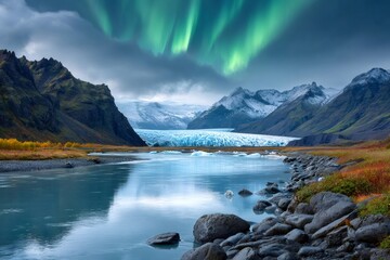 Aurora borealis illuminating glacier lagoon in iceland's tranquil landscape
