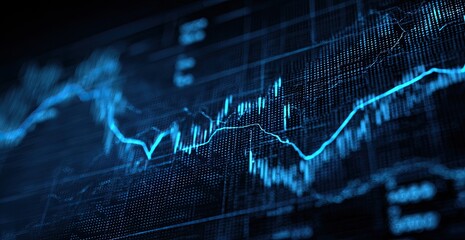 Dark screen shows fluctuating stock charts in blue