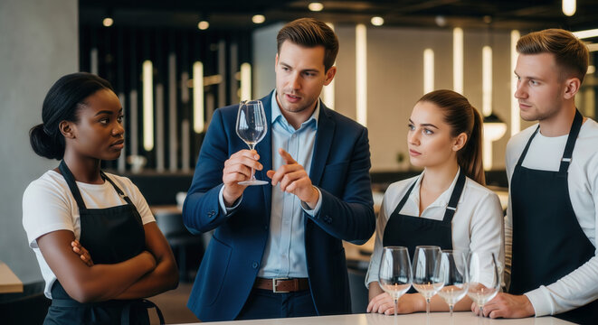 Restaurant manager instructs a group of waitstaff on proper glassware handling and service techniques, focusing on wine glasses in a modern dining space.