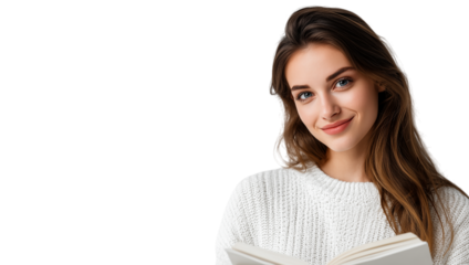 A woman is smiling and holding a book