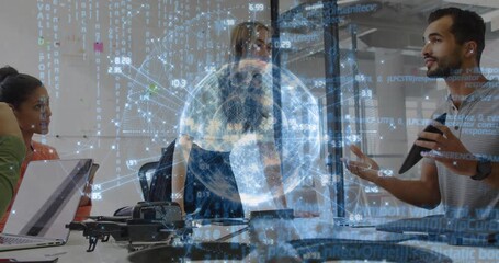 Business team reviewing designs as holographic 3D globe appearing above drone and spurring teamwork - Powered by Adobe