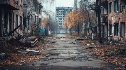 A desolate street lined with abandoned buildings, overgrown with autumn leaves, evokes a sense of decay and neglect in an urban setting.