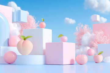 Abstract 3D render of peach and white geometric forms shapes on a smooth blue surface