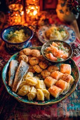 A vibrant assortment of traditional foods is displayed on a decorative plate. Plates surround the main dish, featuring dumplings, fish, and salads, while warm candles illuminate the setting