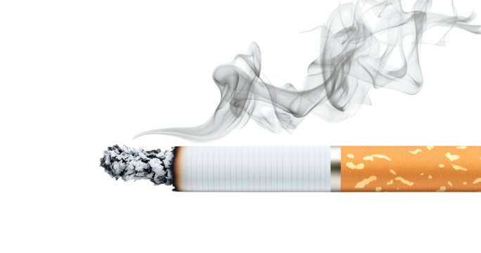 A cigarette is lit and the smoke is billowing out of it