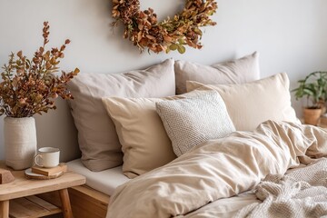 Cozy Scandinavian bedroom decorated in beige tones with natural elements and a warm atmosphere