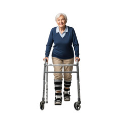 Elderly woman with walker standing upright isolated on transparent background