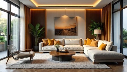 Cozy Modern Living Room with Warm Lighting, Textured Fabrics, and Stylish Furniture