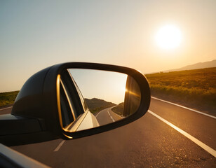 the rear view mirror of a car on the side of the road with the sun reflecting in the rear view miror. travel concept, car driving on the road