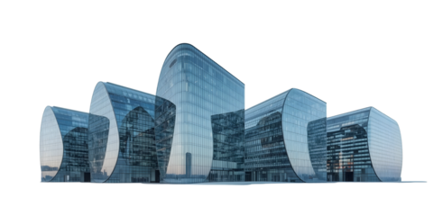 Architectural Elegance: Modern office building showcases a striking contemporary design, defined by its sleek glass facade, curving forms and reflective surfaces.