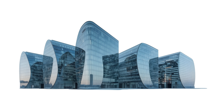Architectural Elegance: Modern office building showcases a striking contemporary design, defined by its sleek glass facade, curving forms and reflective surfaces.