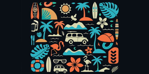 Obraz premium Colorful Tropical Summer Vacation Icons on Dark Background