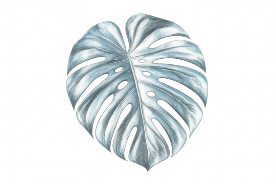 Pencil drawing of a monstera deliciosa leaf, light blue colored, isolated on transparent background
