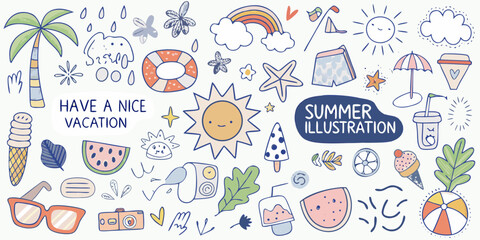 Whimsical summer vacation doodle collection illustration