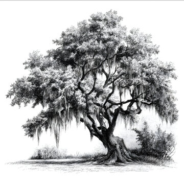 live oak tree with spanish moss black and white drawing.