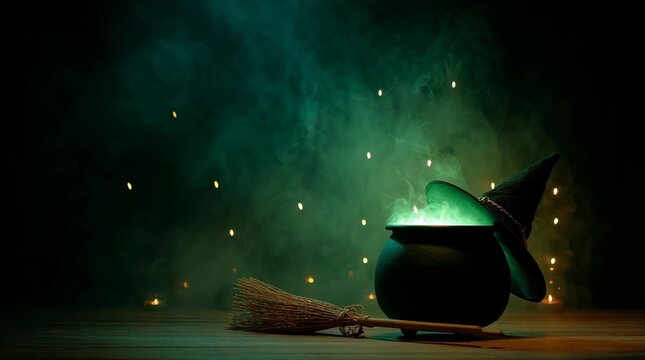 A black cauldron with a green glowing potion sits on a wooden surface. A broom lies beside it. The background features a smoky, mystical atmosphere with soft lighting.
