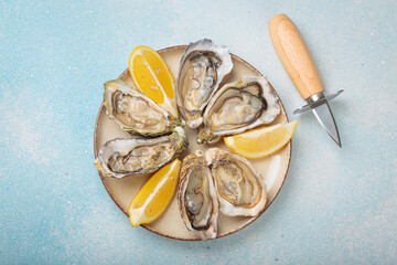 Opened oysters arranged on a plate with lemon wedges, accompanied by an oyster knife, creating a seafood presentation on a blue background top view