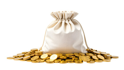 Cloth bags filled with shiny golden coins spilling out, symbolizing wealth and savings.