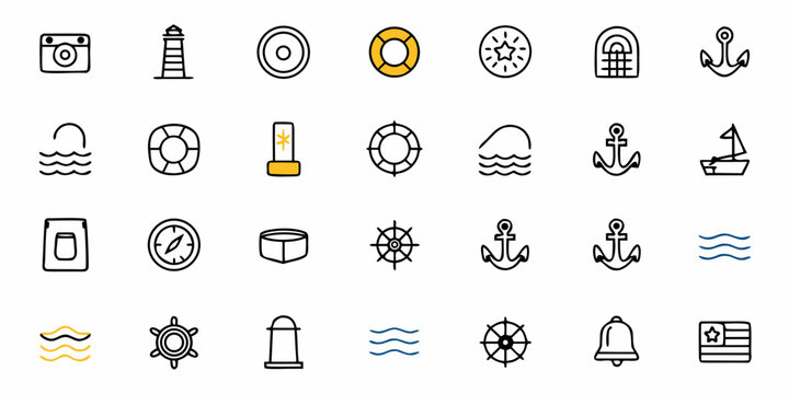 Explore nautical adventures with this charming collection of maritime icons featuring anchors, lighthouses, sailboats, and essential seafaring symbols for your creative projects.
