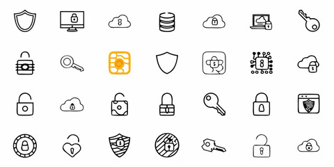 Essential digital security icons, representing protection, encryption, and secure access for online safety in modern technology