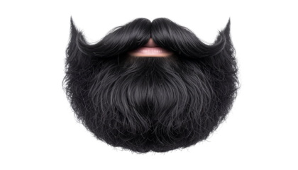 Large black artificial beard with thick mustache, isolated on plain background.