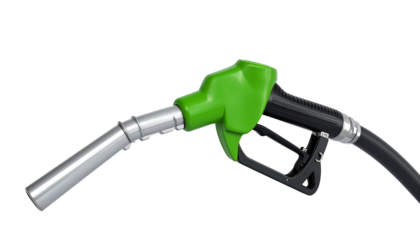 Close-up of fuel pump nozzles in green isolated on white background.