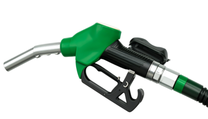 Close-up of fuel pump nozzles in green isolated on white background.