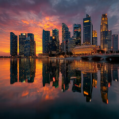 Fototapeta premium Stunning cityscape reflecting in the water at sunset, showcasing the modern architecture and vibrant urban life of the city skyline