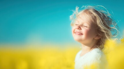 Fototapeta premium Young girl enjoying a sunny day in a vibrant yellow field of flowers