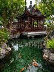 Naklejka premium Tranquil Asian gazebo over water