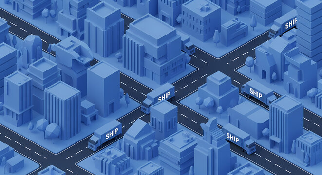 Isometric Blue City with Delivery Trucks on Roads - Urban Logistics & Transportation Network - Powered by Adobe