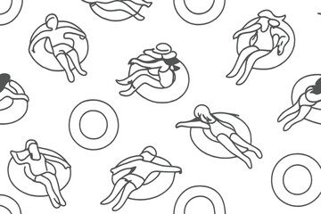 People Relaxing on Inflatable Rings, Minimalist flat design
