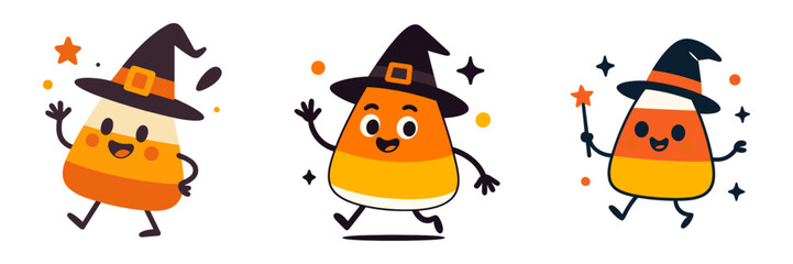 Cute Halloween Candy Corn Characters with Witch Hats