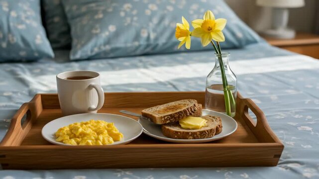 Relaxing Breakfast in Bed - A wooden tray holds a delicious breakfast of scrambled eggs, buttered toast, and a cup of tea.