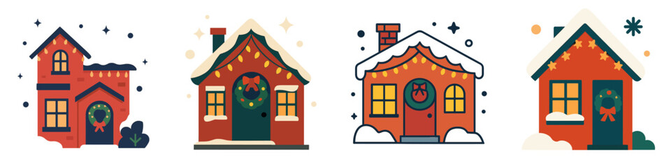 Cozy Winter Houses with Festive Decorations, Minimalist flat design