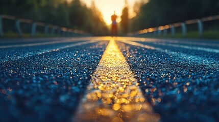 an athlete preparing for a hurdles race, standing tall behind the starting line, the track ahead lined with hurdles.