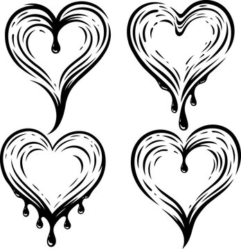 Ink hearts stylized graphic set. Tattoo, design elements, valentine and wedding decor
