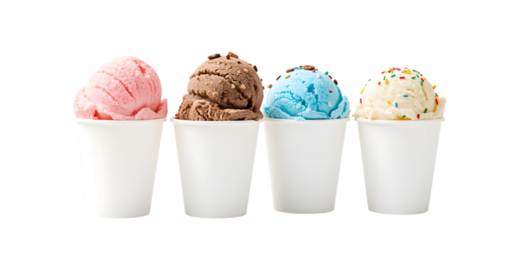 Colorful Ice Cream Cups: A vibrant assortment of ice cream flavors, each nestled in its own pristine cup, offering a delightful treat for any occasion. Capturing the essence of summer joy.