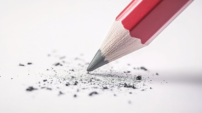 A close-up of a sharpened red pencil, with graphite shavings scattered on a white surface, showcasing the tools of creativity and artistry.