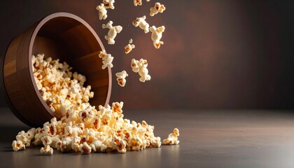 "Wooden bucket filled with popcorn, with kernels falling from above and scattered on a rustic surface