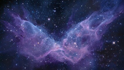 A cosmic nebula, resembling wings, in shades of purple and blue, speckled with countless stars against a dark backdrop