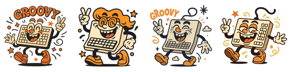 Retro Computer Characters Dancing with Peace Signs