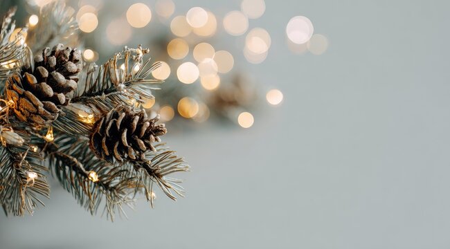 Festive evergreen branch with pine cones and warm string lights against a blurred, light grey background