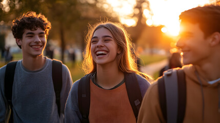 Three smiling students with backpacks walking outside during a sunny day with a bright glow behind them
